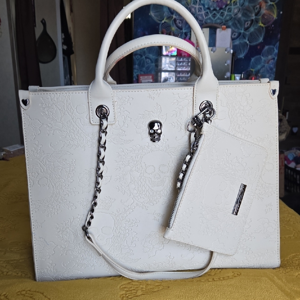 White Embossed Skull Tote Bag